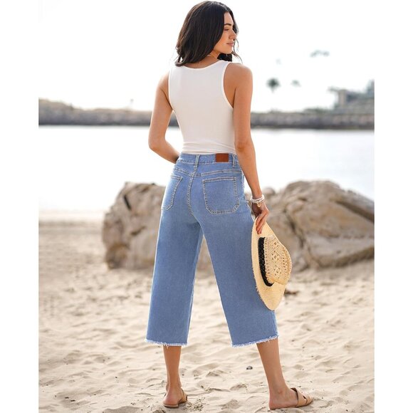 Women's Wide Leg Crop Jeans Cotton Spandex Stretchy High Waisted Casual - Picture 5 of 8